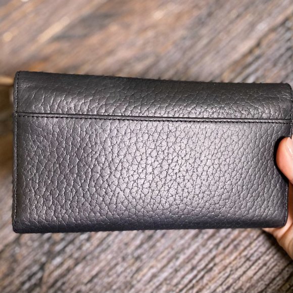 Kate Spade Black Fine Leather Fold-over Wallet with Striped Lining - Picture 2 of 4